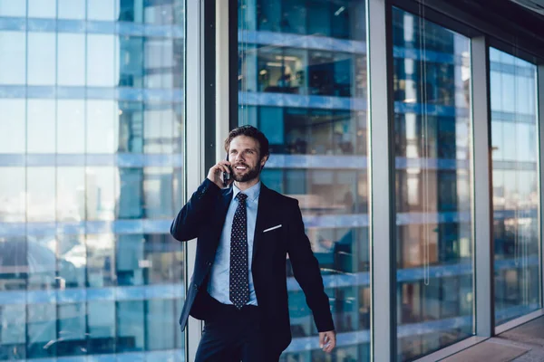 Prosperous Businessman Formal Wear Making Cellular Call Standing Window Office — Stock Photo, Image
