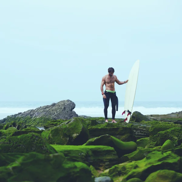 Professional surfer in black wetsuit standing on moss rock — Stock Photo, Image