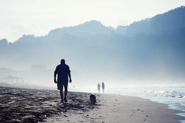 Masculino paseando con su perro en la playa cerca del océano y silueta de montañas —  Fotos de Stock