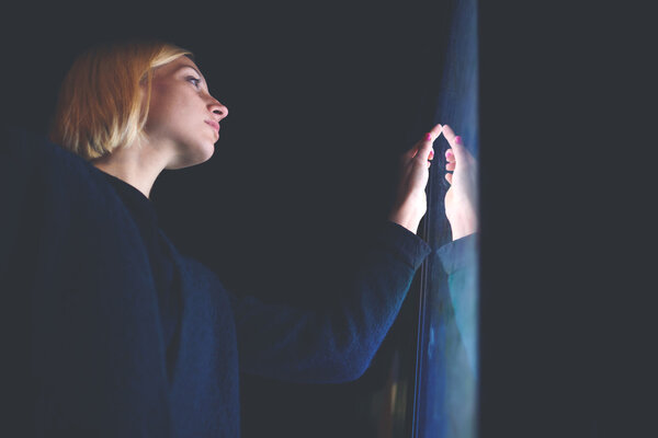 businesswoman touching sensitive screen