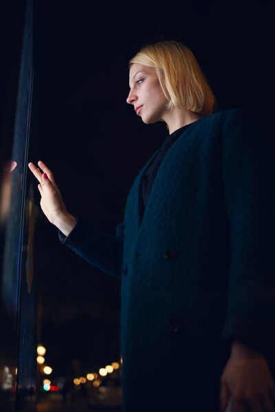 businesswoman touching sensitive screen