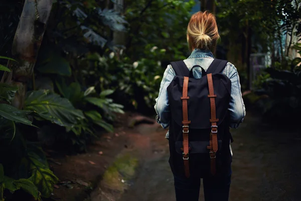 Caminhante feminino caminhando na floresta da selva — Fotografia de Stock