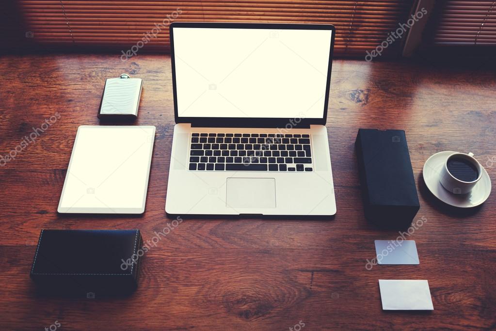 Open laptop computer and digital tablet with blank copy space screen for text information or content