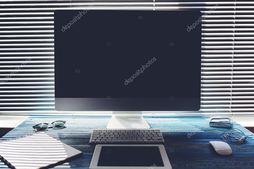 Mock up of office or home desktop with accessories and work tools