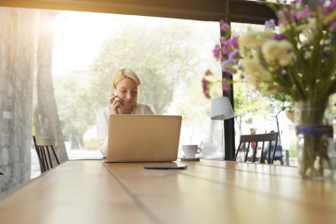 Female person using net-book during morning breakfast in modern coffee shop