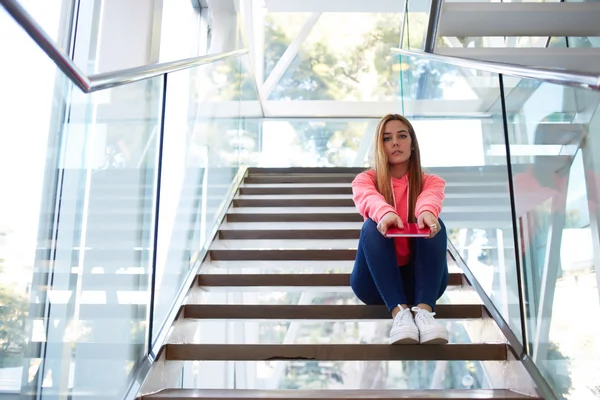 Model posing indoors hall with big windows — Stock Fotó