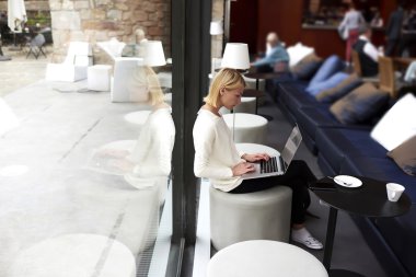Kafede otururken net-kitap üzerinde çalışan kadın