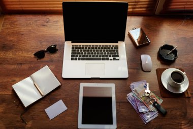 Desktop with accessories and work tools