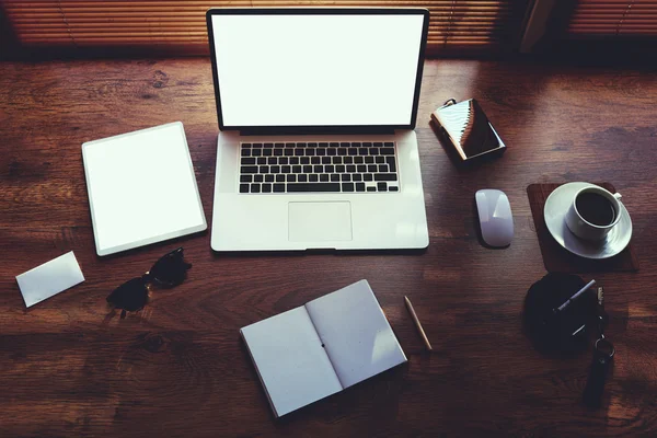 Desktop with accessories and work tools — Stock Photo, Image