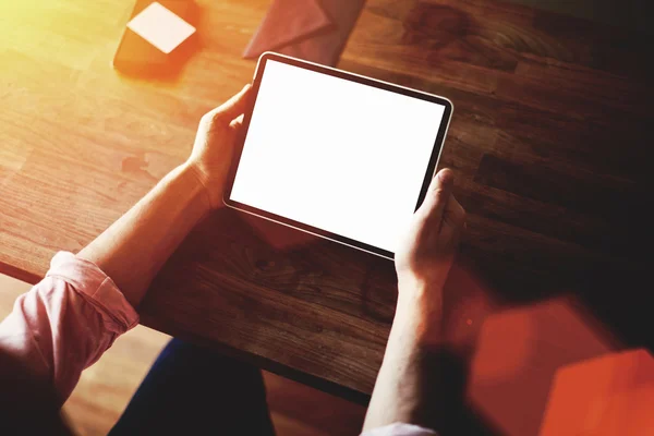 Man's hands working on touch pad — Stockfoto