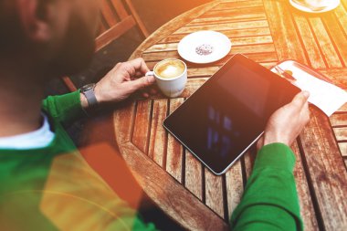 Man with touch pad with copy space