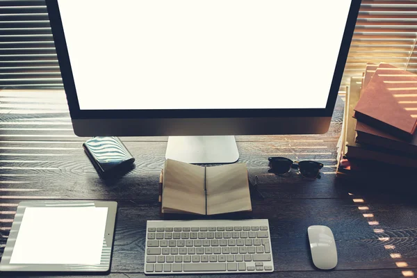 Work space with pc computer  and digital tablet — Stockfoto