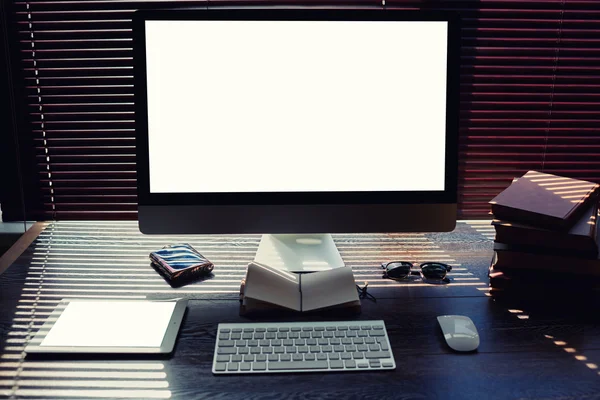 Work space with pc computer  and digital tablet — Stok fotoğraf