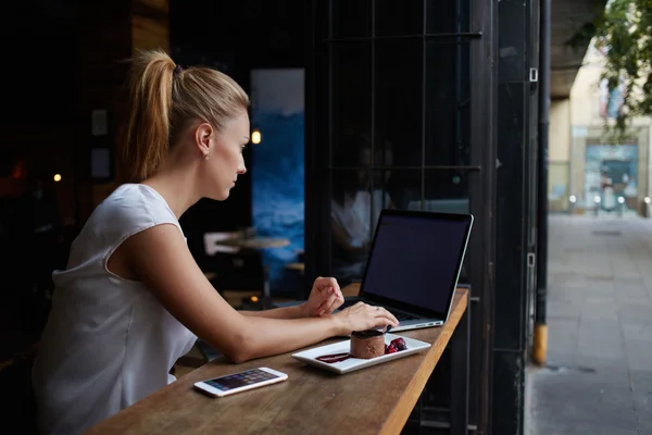 Frau arbeitet an tragbarem Netzbuch — Stockfoto