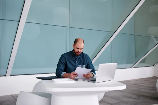 Male entrepreneur reading paper report — Stok fotoğraf