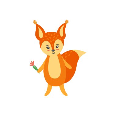 Beyaz arka planda izole edilmiş çiçekli sincap. Gülümseyen yavru sincabın tasviri. Vektör illüstrasyonu