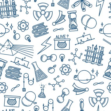 Fizik, ışık prizması, atom ve mekanik deneyleriyle kusursuz desen çizer. Fizik laboratuarı elementleri. Karalama biçiminde vektör illüstrasyonu