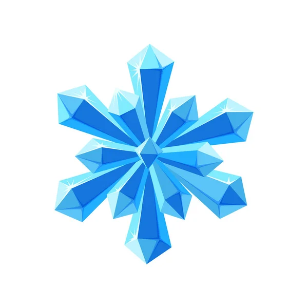 Copo de nieve de cristal con facetas brillantes. Copo de nieve estrella brillante hecho de cristales azules aislados en fondo blanco. Ilustración vectorial — Vector de stock