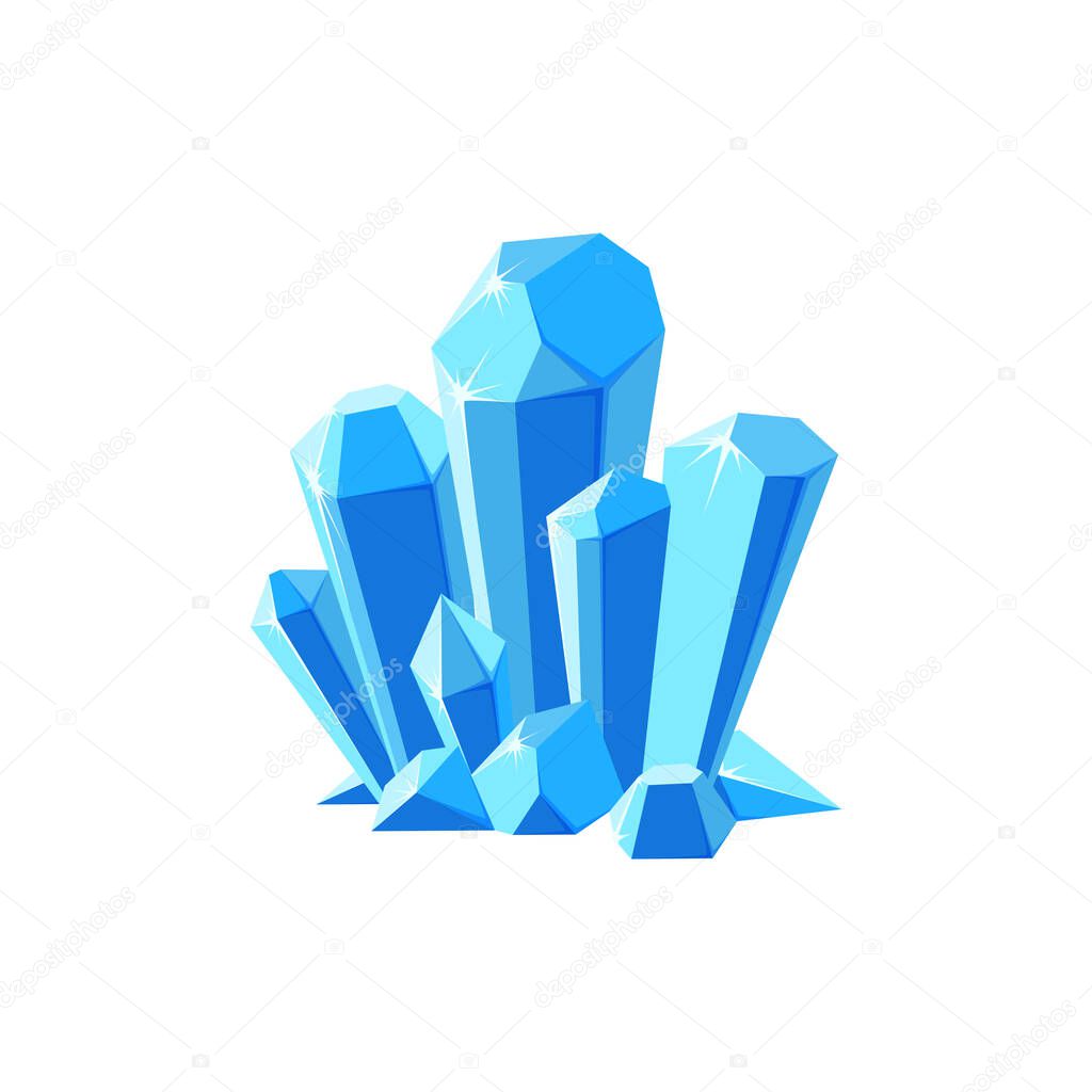 Ice crystals or gem stones. Shimmering crystal druse made of blue mineral isolated in white background. Vector illustration