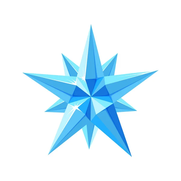 Etoile de cristal aux facettes scintillantes. Flocon de neige étoile chatoyant composé de cristaux bleus isolés en fond blanc. Illustration vectorielle — Image vectorielle