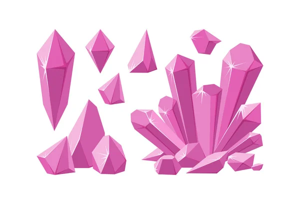 Kristaller ve pembe değerli taşlar. Pembe dikit seti ve parçalanmış kristaller. Çeşitli şekillerde ametist mücevherler. Vektör illüstrasyonu