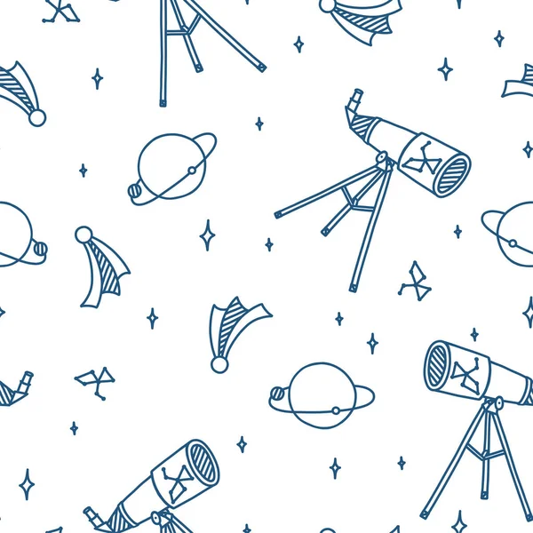 Dodle espacial com telescópio, planetas, lua, estrelas e cometas. Padrão sem costura do espaço exterior. Ilustração vetorial desenhada à mão — Vetor de Stock