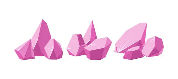 Kristallen in stukken gebroken. Een set gebroken roze kristallen. Gebroken edelstenen of roze rotsen. Vectorillustratie — Stockvector