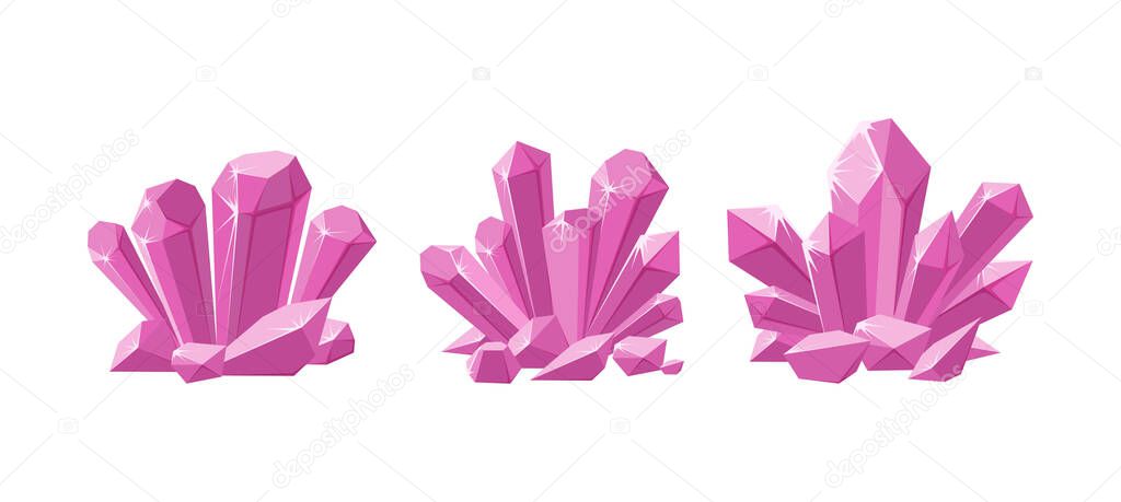 Pink crystals or prescious gemstones. Set of shimmering crystals for jewellery with magic sparkles isolated in white background. Vector illustration