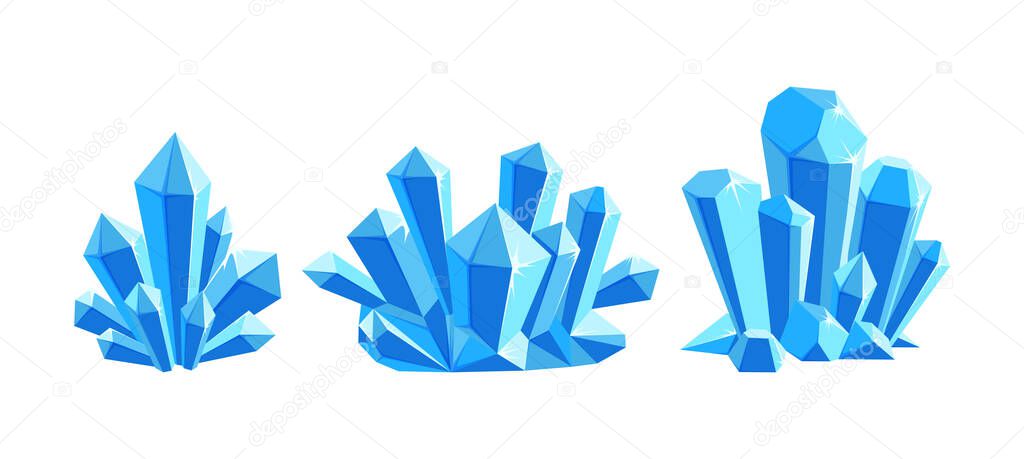 Ice crystals or gem stones. Set of crystal druses made of blue mineral isolated in white background. Vector illustration