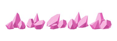 Kristaller parçalara ayrıldı. Büyük bir yakut kristali seti. Kırık değerli taşlar ya da pembe taşlar. Vektör illüstrasyonu