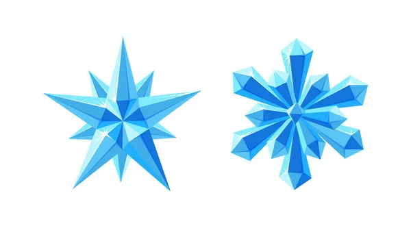 Étoile de cristal et flocon de neige aux facettes étincelantes. Ensemble scintillant avec flocon de neige bleu et étoile précieuse faite de cristaux isolés en arrière-plan blanc. Illustration vectorielle — Image vectorielle