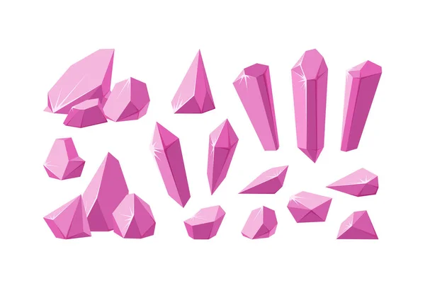 Cristaux et pierres roses. Ensemble de prismes en cristal de rubis et de pièces aux facettes étincelantes. gemmes d'améthyste de différentes formes. Illustration vectorielle — Image vectorielle