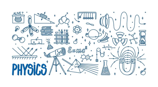 Dodle di fisica con magnete, prisma, telescopio e atomo. Oggetti scientifici disegnati a mano. Elementi di teoria fisica ed equazione formula isolati su sfondo bianco. Scheda con illustrazione vettoriale doodle — Vettoriale Stock