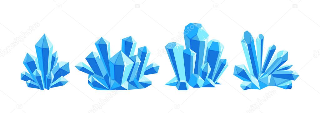 Ice crystals or blue gem stones. Set of crystal druses made of blue quartz isolated in white background. Vector illustration