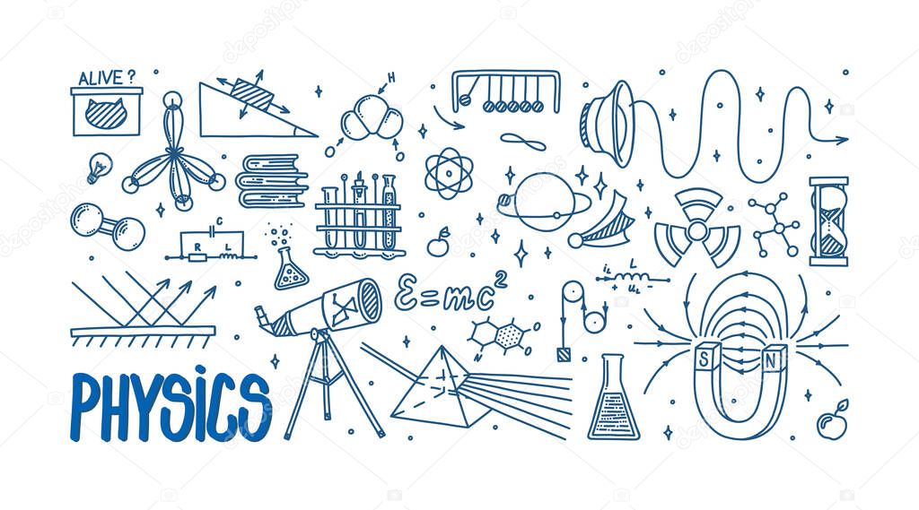 Physics doodle with magnet, prism, telescope and atom. Hand drawn science items. Physics theory elements and formula equation isolated in white background. Card with doodle vector illustration