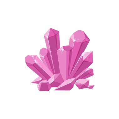 Pembe kristaller ya da pırıl pırıl yüzlü değerli taşlar. Beyaz arka planda izole edilmiş ametistten yapılmış değerli kristal karışımı. Vektör illüstrasyonu