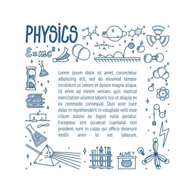 Fizik, ışık prizması, kitaplar, atom ve deneylerle karalıyor. El çizimi bilimsel malzemelerle çerçevelenmiş. Karalama biçiminde vektör illüstrasyonu