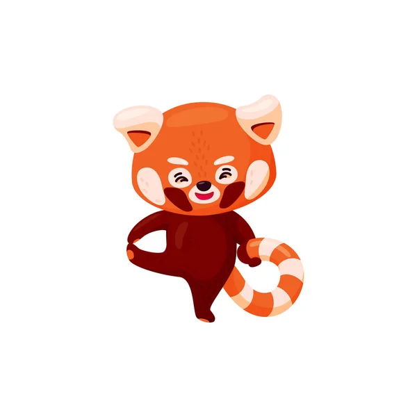 Um panda vermelho a levantar uma perna. Bonito bebê panda vermelho praticando ioga isolado em fundo branco. Ilustração vetorial — Vetor de Stock
