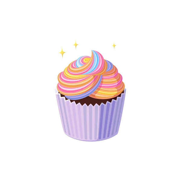 Rainbow cupcake med färgglada glänsande glasyr. Snurrade gräddkopp. Smaklig dessert med pastell regnbågsglasyr. Vektorillustration — Stock vektor