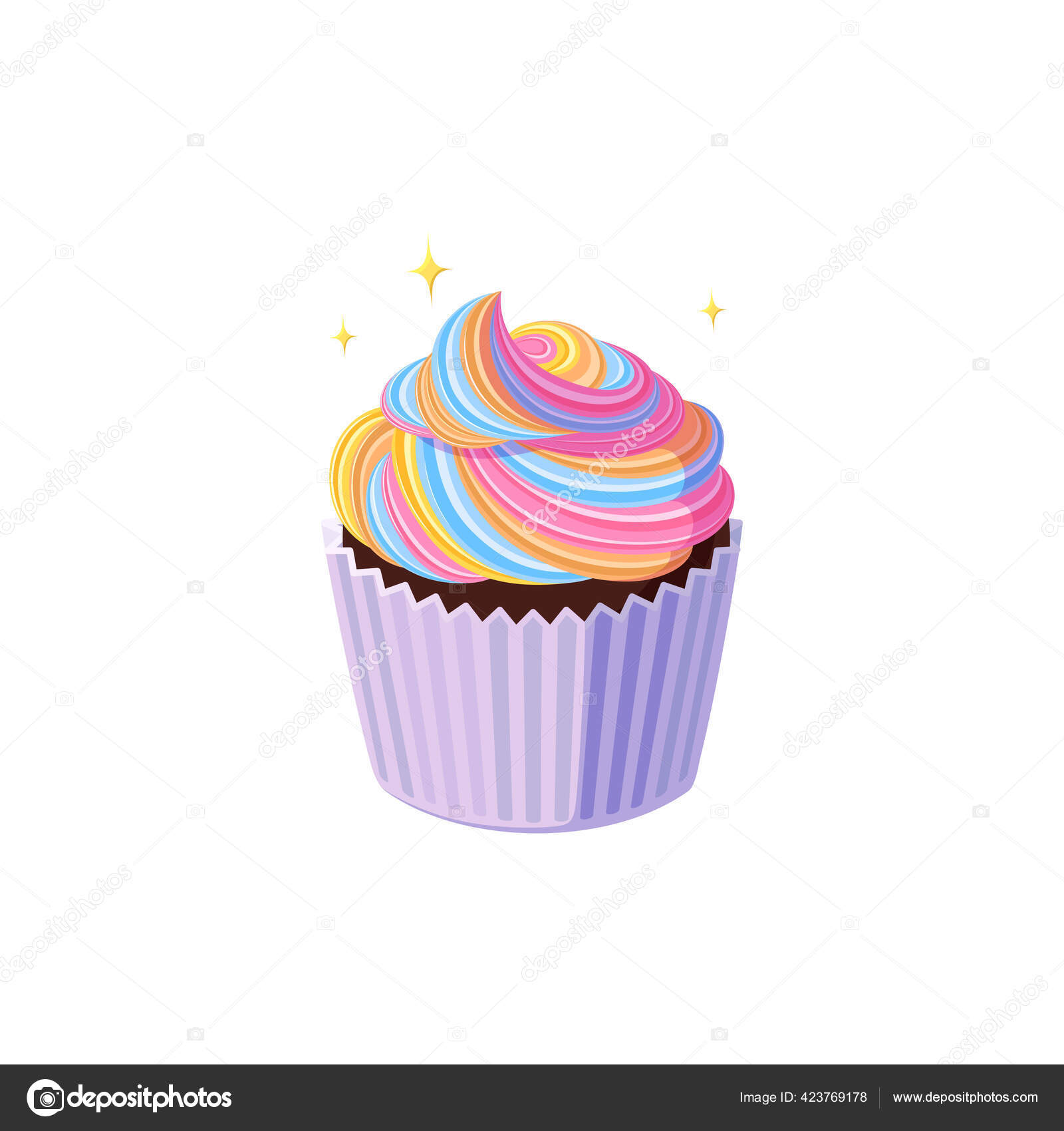Cupcakes Med Hvirvlet Regnbue Glasur Velsmagende Muffin Med Farverig Creme Vektorillustration Stock Vektor C Liu Miu 423769178