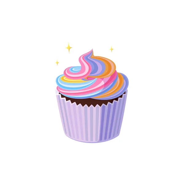 Cupcake mit verwirbelter Sahne. Leckeres Geburtstagsdessert mit rosa, gelben und blauen Regenbogengläsern. Vektorillustration — Stockvektor