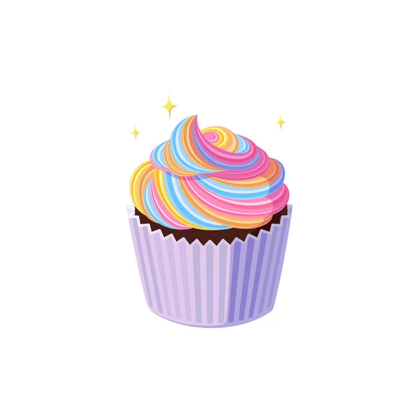 Cupcake con glassa arcobaleno roteata. Muffin saporito con crema colorata. Illustrazione vettoriale — Vettoriale Stock