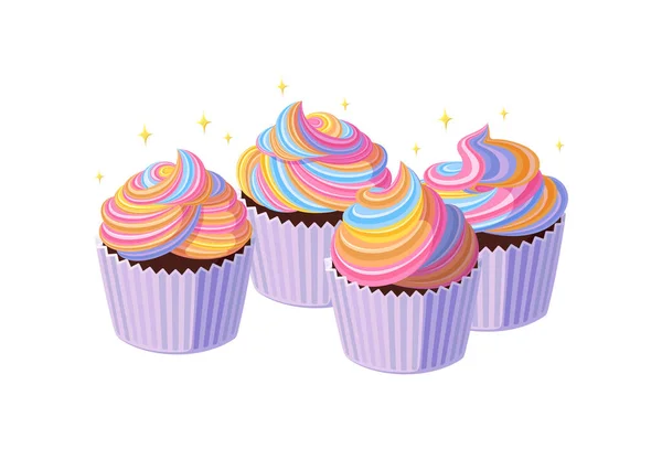 Bolos com cobertura de arco-íris. Muffins saborosos com creme colorido. Ilustração vetorial em estilo cartoon — Vetor de Stock