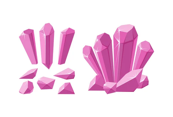 Κρύσταλλοι και πολύτιμοι λίθοι διαφόρων σχημάτων. Σύνολο από ροζ σταλαγμίτη, κρύσταλλα και κομμάτια ρουμπινί βράχου. Εικονογράφηση διανύσματος — Διανυσματικό Αρχείο