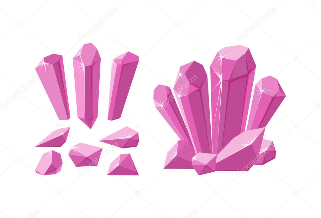 Crystals and gemstones of different shapes. Set of pink stalagmite, crystals and pieces of ruby rock. Vector illustration