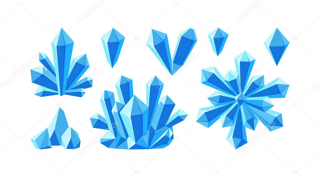 Crystals and blue gemstones. Set of stalagmite, snowflake and ice crystals. Frozen gems of various shapes. Vector illustration