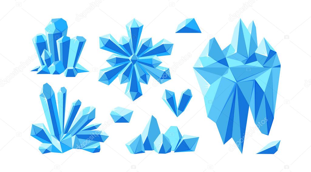 Iceberg with crystals and snowflake for arctic landscapes. Set of crystal gems and stones for game design. Vector illustration