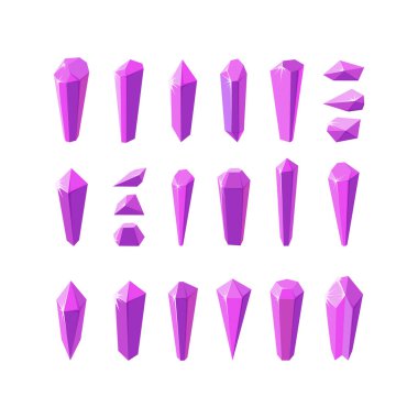 Ametist kuvars gibi pembe kristal taşlar. Büyük mücevherler ya da cam kristaller. Vektör illüstrasyonu