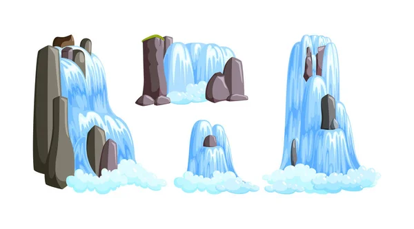 Cascada de cascadas en las montañas para paisajes paradisíacos. Conjunto de cascadas de agua salpicadas del río aisladas en fondo blanco. Ilustración vectorial — Vector de stock