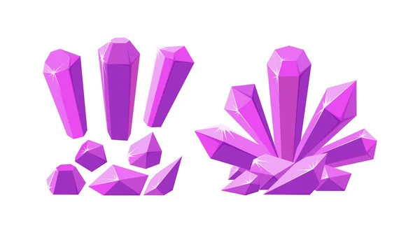 Кристаллы и драгоценные камни различной формы. Набор розового сталагмита, кристаллов и кусочков аметистовой породы. Векторная иллюстрация — стоковый вектор